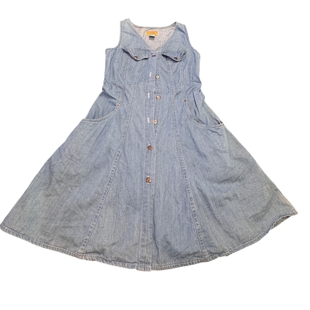 VTG Sostanza Denim Dress Women Size Medium Blue Sleeveless Button Front Indie